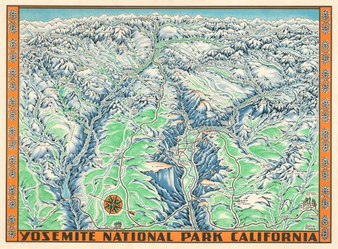 1955 Della Hoss Pictorial Bird's Eye View Map of Yosemite National Park, California